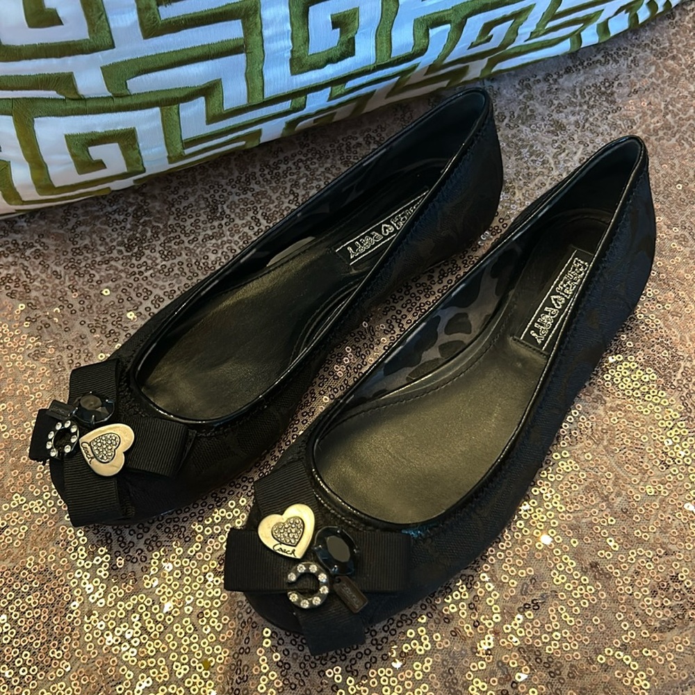 Coach Black Platform Flats with Bow and Heart Details